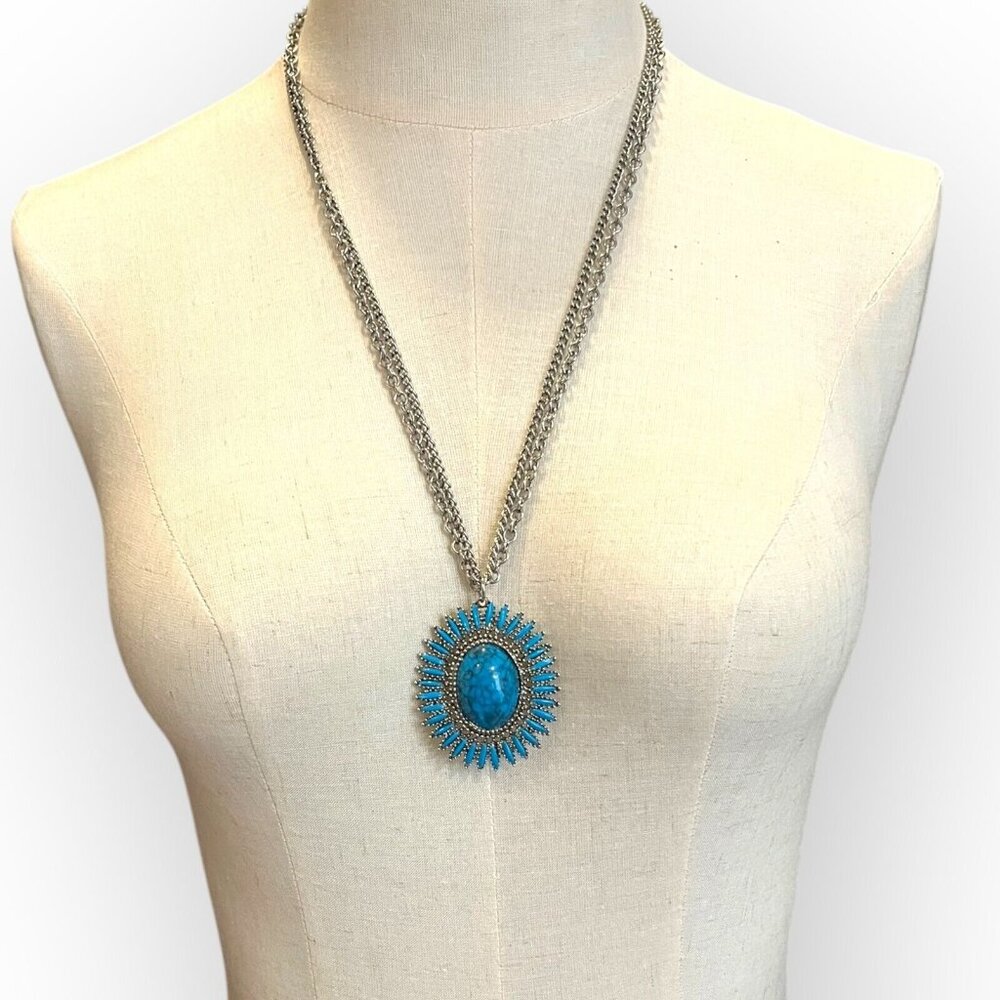 Vintage MCM Celebrity Faux Turquoise Necklace Double Chain Large Pendant
